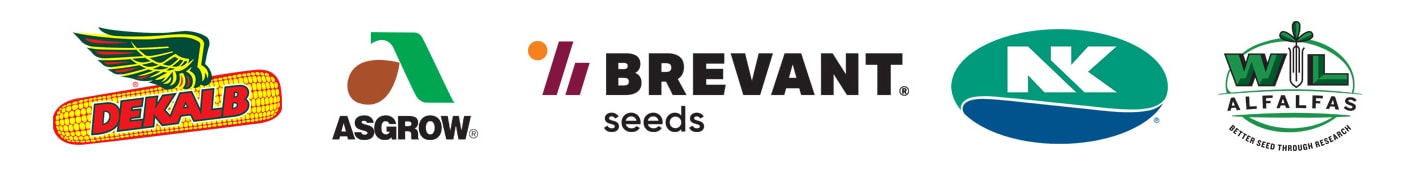 dekalb, asgrow, nk, brevant, and w-l alfalfas seed logos